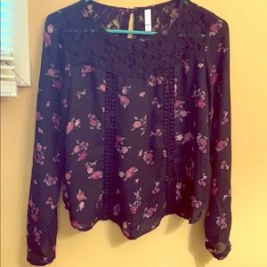 Black floral blouse with lace neckline
